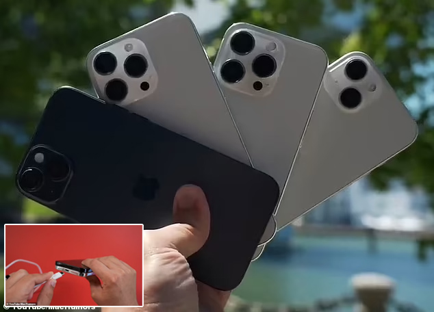 BOCORAN: Dummy unit dari keempat model iPhone 15 telah terungkap dalam video baru yang diposting ke YouTube oleh MacRumors, dengan fitur port pengisian USB-C (kiri bawah). (Foto: MailOnline)