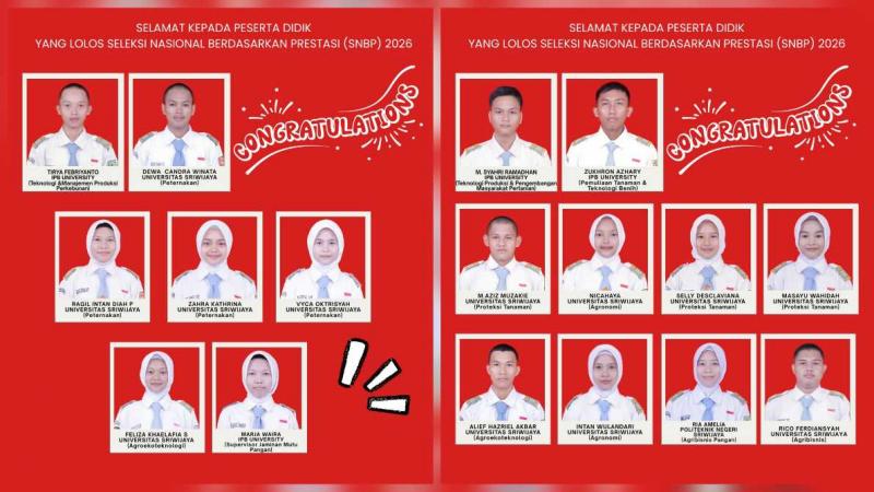 SMKPPN SEMBAWA: Kepala SMKPPN Sembawa, Budi Santoso mengatakan berdasarkan hasil pengumuman SNBP pada 31 Maret 2026, sebanyak 17 siswa yang lolos, terdiri atas 4 siswa diterima di IPB University (IPB) Bogor, 12 siswa diterima di Universitas Sriwijaya (Unsri) Palembang, dan 1 siswa diterima di Politeknik Negeri Sriwijaya.