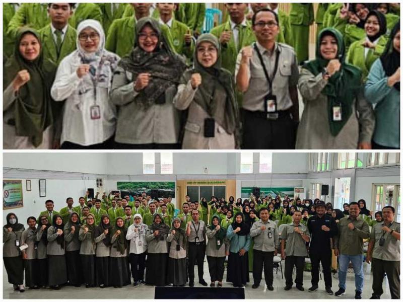 SMKPPN BANJARBARU: Kepala SMKPPN Banjarbaru, Angga Tri AP diwakili oleh Wakil Kepala Sekolah Bidang Kurikulum, Airin Nurmarita [tengah] bersama 82 siswa/i peserta UKK, narasumber dan jajaran SMKPPN Banjarbaru usai pembukaan kegiatan UKK dan Sertifikasi Profesi bagi kompetensi keahlian ATP, ATPH dan APHP.