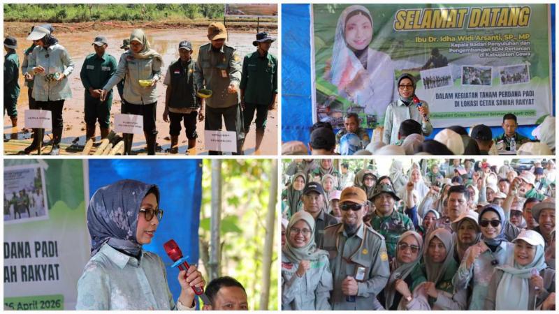 BBPP BATANGKALUKU: Kepala BPPSDMP Kementan, Idha Widi Arsanti didampingi Kepala BBPP Batangkaluku, Jamaluddin Al Afgani menanam perdana padi di lokasi CSR Kabupaten Gowa, sekaligus mendorong peningkatan peran penyuluh sebagai ujung tombak pembangunan pertanian, untuk aktif mendorong petani segera melakukan tanam.