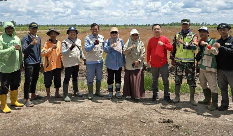 BBPKH CINAGARA: Kepala BBPKH Cinagara, Inneke Kusumawaty selaku PJ Brigade Pangan wilayah Sumsel [tengah, kemeja biru] bersama petani dan pihak terkait dari dinas pertanian Banyuasin, TNI dan penyuluh di lahan CSR di Kabupaten Banyuasin, Sumsel.