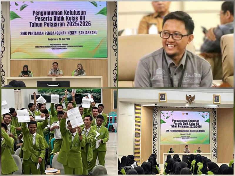 SMKPPN BANJARBARU: Kepala SMK-PP Negeri Banjarbaru, Angga Tri A.P. (kanan atas) mengatakan berdasarkan hasil Rapat Dewan Guru bersama kepala sekolah, seluruh siswa kelas XII Tahun Pelajaran 2025/2026 dinyatakan lulus 100% seraya mengingatkan pentingnya perencanaan masa depan agar tetap produktif di usia muda.