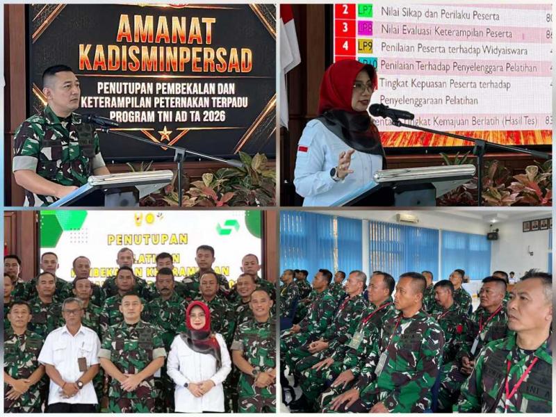 BBPKH CINAGARA: Kepala BBPKH Cinagara, Inneke Kusumawaty [kanan atas] dan Kasubdissahlur Disminpersad, Kolonel Inf Doni Firmansah [kiri atas] pada pembukaan dan penutupan `Pelatihan Pembekalan Peternakan Terpadu bagi Purnawirawan TNI AD` yang berlangsung di BBPKH Cinagara, Kabupaten Bogor, Jabar.