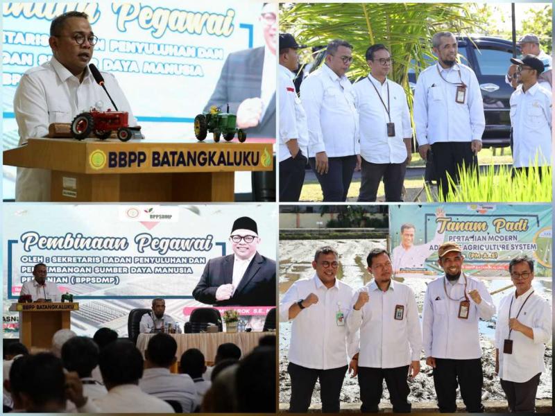 BBPP BATANGKALUKU: Sekretaris BPPSDMP Kementan, Zuroqi Mubarok didampingi Kepala BBPP Batangkaluku, Jamaluddin Al Afgani pada sesi pengenalan dan praktik pertanaman konsep Pertanian Modern–Advanced Agriculture System disingkat PM-AAS diinisiasi Mentan Amran Sulaiman, yang diadopsi budidaya padi modern di Arkansas, AS.