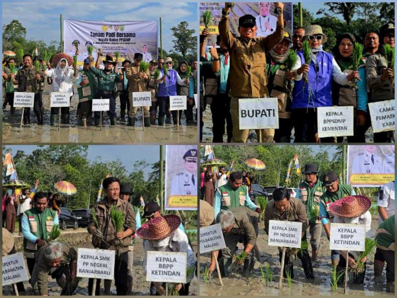 SMKPPN BANJARBARU: Kepala SMKPPN Banjarbaru, Angga Tri A.P. selaku PJ Brigade Pangan Kalteng mendampingi Kepala BPPSDMP Kementan, Idha Widi Arsanti dan Bupati Barito Timur Muhammad Yamin pada Gertam Bersama di lahan Oplah dan CSR Barito Timur, Kalteng, yang dipusatkan di Desa Tumpung Ulung, Kecamatan Pematang Karau.