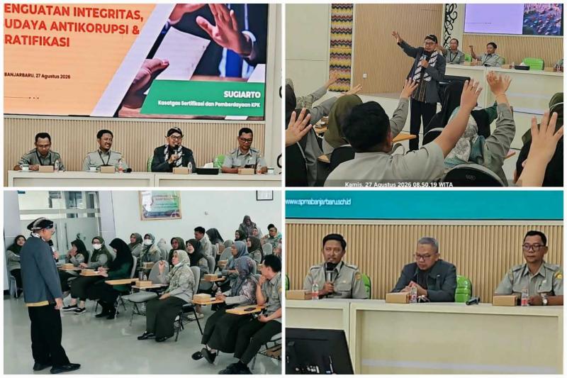 SMKPPN BANJARBARU: Kepala SMKPPN Banjarbaru, Angga Tri A.P. membuka kegiatan sosialisasi budaya antikorupsi dan gratifikasi didampingi Kasubbag TU Johan Pujianto dan Kasatgas KPK, Sugiarto selaku narasumber yang memberi motivasi pada tenaga pendidik, pegawai, dan siswa untuk menerapkan antikorupsi di sekolah maupun di tengah masyarakat.