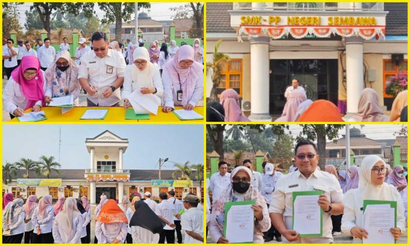 SMKPPN SEMBAWA: Kepala SMKPPN Sembawa, Budi Santoso [insert kiri atas] bersama tenaga pendidik dan kependidikan menandatangani `Pakta Integritas` untuk mencegah praktik judi online (Judol) dan memberi arahan tentang dampak negatif praktik Judol di lingkungan sekolah maupun kehidupan sshari-hari.