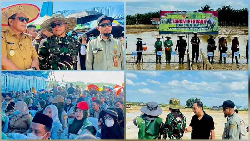 BBPP BATANGKALUKU: Kepala BBPP Batangkaluku, Jamaluddin Al Afgani selaku PJ Swasembada Pangan Sultra bersama Wagub Sultra, Hugua [ke-2 kiri] dan Pangdam XIV/Hasanuddin, Mayjen TNI Bangun Nawoko [insert kiri atas] mengamati pemanfaatan drone pada Gertam Bersama pada lahan CSR di Konawe, yang disambut antusias petani dan penyuluh setempat [insert kiri bawah].