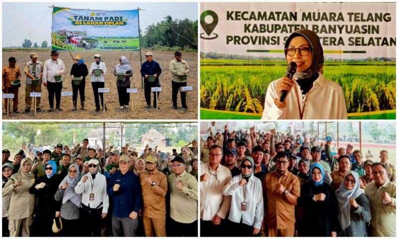 SMKPPN SEMBAWA: Kepala SMKPPN Sembawa, Budi Santoso mendampingi Kepala BPPSDMP Kementan, Idha Widi Arsanti meninjau sejumlah lokasi pengembangan pertanian di Muara Telang, antara lain unit usaha ternak ayam petelur, lokasi rencana demplot PM-AAS hasil kolaborasi dengan PIHC, serta progres pembangunan SPBU Pertanian.