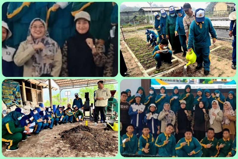 SMKPPN SEMBAWA: Wakil Kepala Bidang Humas dan Industri, Titin Pransisca [kiri, insert kiri atas] mewakili Kepala SMKPPN Sembawa, Budi Santoso menerima kunjungan 26 siswa dipimpin perwakilan SMP Islam Sopiah Palembang, Ustazah Alexa [kanan, insert kanan atas] apresiasi sambutan hangat dan pendampingan bagi siswa selama kunjungan, termasuk oleh tim humas dan pengurus OSIS.