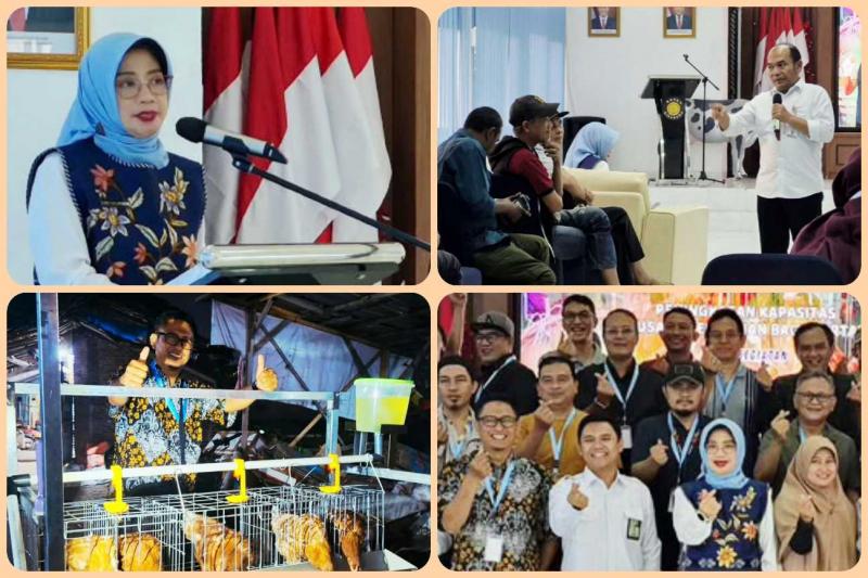 BBPKH CINAGARA: Kepala BBPKH Cinagara, Inneke Kusumawaty [kiri atas] memberi arahan pada peserta Workshop; TA Mentan Bidang Komunikasi Publik, Imam Wahyudi [kanan atas] mengajak 67 eks jurnalis untuk memanfaatkan kegiatan pelatihan, yang dirancang meningkatkan pengetahuan dan keterampilan budidaya ayam petelur dengan sistem kandang baterai, dari skala kecil dan mengembangkannya sesuai kemampuan.